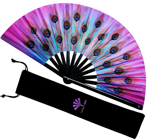 Fansay Fans - Large Bamboo Rave Festival Hand Fan for Women/Men - Big Folding Fan W/Velvet Bag - Festival Clothing, Rave Accessories, Clack Fan, LGBT Pride, Decoration, Gift (Peacock Candy)