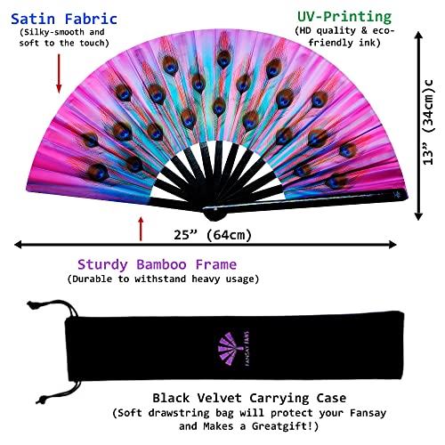 Fansay Fans - Large Bamboo Rave Festival Hand Fan for Women/Men - Big Folding Fan W/Velvet Bag - Festival Clothing, Rave Accessories, Clack Fan, LGBT Pride, Decoration, Gift (Peacock Candy)