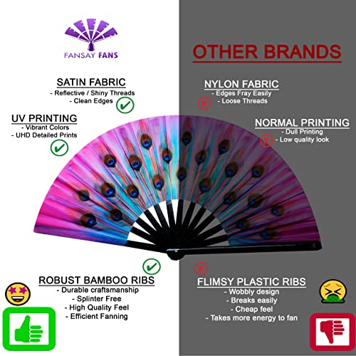 Fansay Fans - Large Bamboo Rave Festival Hand Fan for Women/Men - Big Folding Fan W/Velvet Bag - Festival Clothing, Rave Accessories, Clack Fan, LGBT Pride, Decoration, Gift (Peacock Candy)