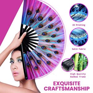 Fansay Fans - Large Bamboo Rave Festival Hand Fan for Women/Men - Big Folding Fan W/Velvet Bag - Festival Clothing, Rave Accessories, Clack Fan, LGBT Pride, Decoration, Gift (Peacock Candy)