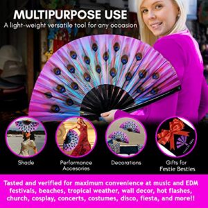 Fansay Fans - Large Bamboo Rave Festival Hand Fan for Women/Men - Big Folding Fan W/Velvet Bag - Festival Clothing, Rave Accessories, Clack Fan, LGBT Pride, Decoration, Gift (Peacock Candy)