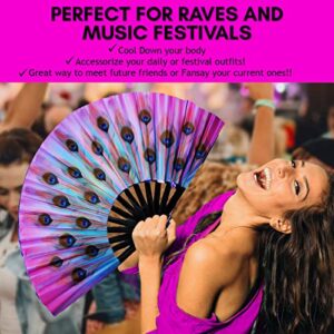 Fansay Fans - Large Bamboo Rave Festival Hand Fan for Women/Men - Big Folding Fan W/Velvet Bag - Festival Clothing, Rave Accessories, Clack Fan, LGBT Pride, Decoration, Gift (Peacock Candy)