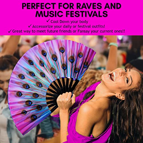 Fansay Fans - Large Bamboo Rave Festival Hand Fan for Women/Men - Big Folding Fan W/Velvet Bag - Festival Clothing, Rave Accessories, Clack Fan, LGBT Pride, Decoration, Gift (Peacock Candy)