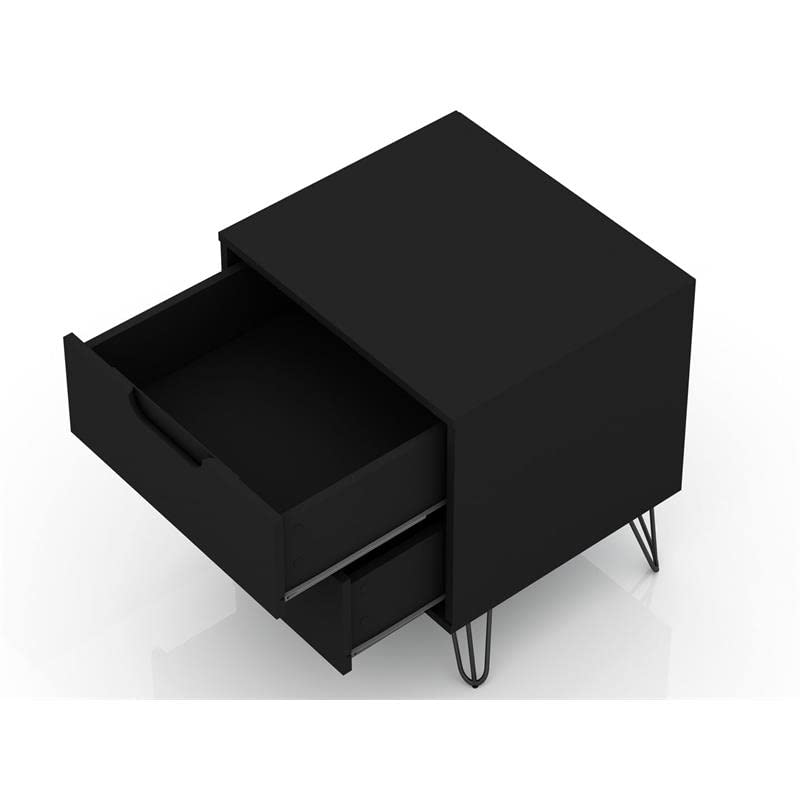 Manhattan Comfort Rockefeller Mid-Century Modern 2 Drawer Bedroom Nightstand, 20.08", Black