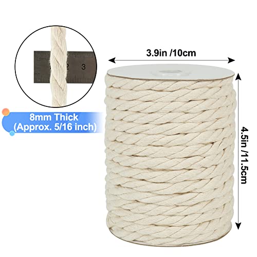 Tenn Well 8mm Macrame Cord, 59 Feet 3Ply Twisted Craft Cotton Rope Thick Nautical Rope for Crafts, Wall Hangings, Plant Hangers, Knotting, Rope Basket Making (Beige)