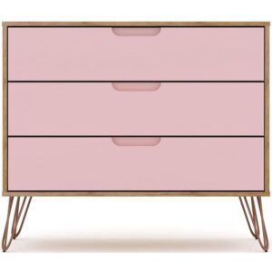 manhattan comfort rockefeller mid-century modern 3-drawer bedroom dresser, natural, rose pink finish
