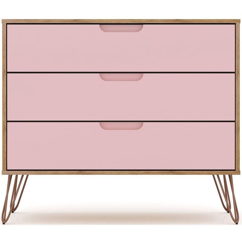 Manhattan Comfort Rockefeller Mid-Century Modern 3-Drawer Bedroom Dresser, Natural, Rose Pink Finish