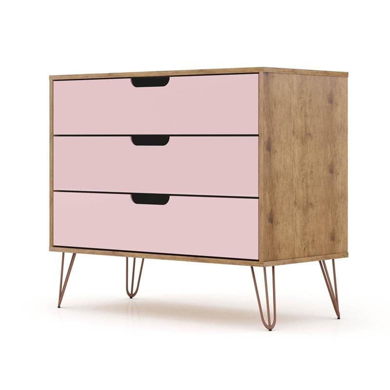 Manhattan Comfort Rockefeller Mid-Century Modern 3-Drawer Bedroom Dresser, Natural, Rose Pink Finish