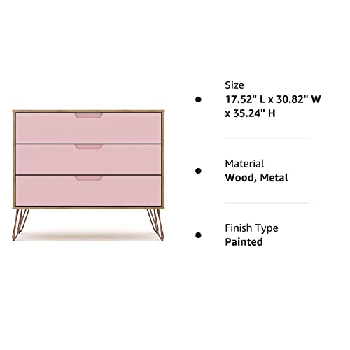 Manhattan Comfort Rockefeller Mid-Century Modern 3-Drawer Bedroom Dresser, Natural, Rose Pink Finish