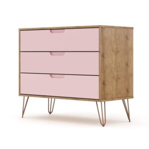 Manhattan Comfort Rockefeller Mid-Century Modern 3-Drawer Bedroom Dresser, Natural, Rose Pink Finish