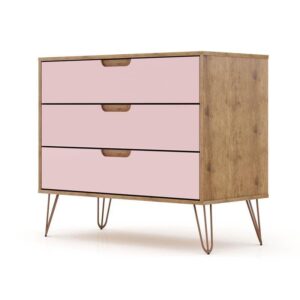 Manhattan Comfort Rockefeller Mid-Century Modern 3-Drawer Bedroom Dresser, Natural, Rose Pink Finish