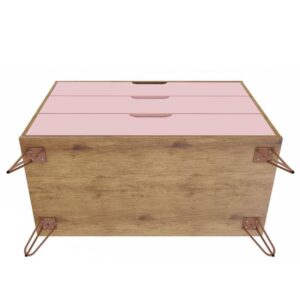 Manhattan Comfort Rockefeller Mid-Century Modern 3-Drawer Bedroom Dresser, Natural, Rose Pink Finish