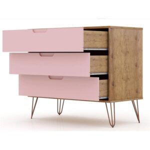 Manhattan Comfort Rockefeller Mid-Century Modern 3-Drawer Bedroom Dresser, Natural, Rose Pink Finish