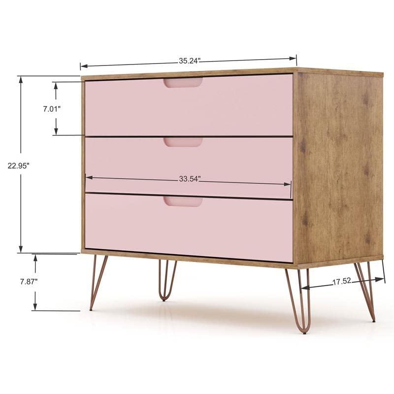 Manhattan Comfort Rockefeller Mid-Century Modern 3-Drawer Bedroom Dresser, Natural, Rose Pink Finish