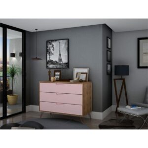 Manhattan Comfort Rockefeller Mid-Century Modern 3-Drawer Bedroom Dresser, Natural, Rose Pink Finish