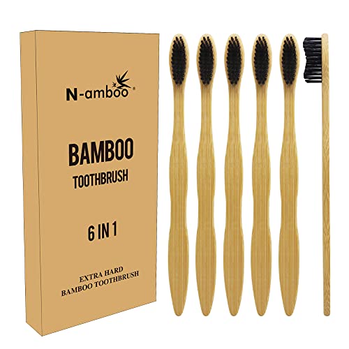 N-amboo Hard Toothbrush Bamboo Toothbrush for Adult Manual Toothbrsuh Hard Bristles Pack of 6