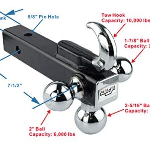 TOPTOW 64180 Trailer Receiver Hitch Triple Ball Mount with Hook, Chrome Balls, Fits for 2 inch Receiver, Hollow Shank