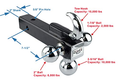 TOPTOW 64180 Trailer Receiver Hitch Triple Ball Mount with Hook, Chrome Balls, Fits for 2 inch Receiver, Hollow Shank