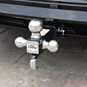 TOPTOW 64180 Trailer Receiver Hitch Triple Ball Mount with Hook, Chrome Balls, Fits for 2 inch Receiver, Hollow Shank
