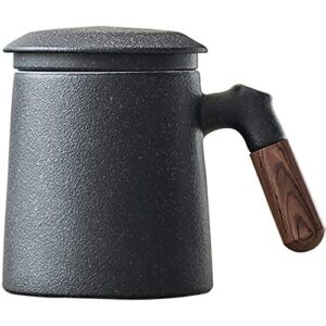 wenshuo sandalwood handle tea mug, chinese ceramic tea cup, with infuser and lid, 13 oz, matte grey