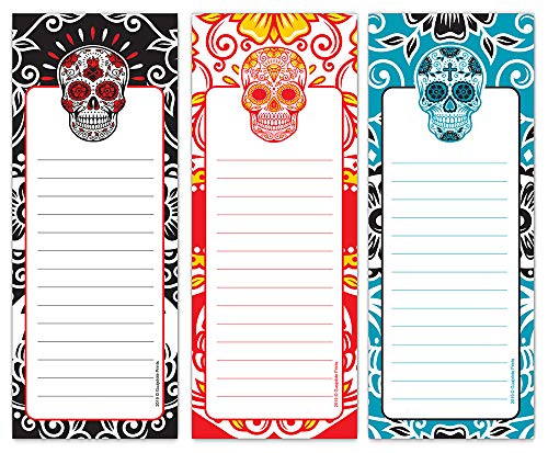 Guajolote Prints Magnetic Grocery Lists 3-Pack, Day Of The Dead Designs, 3.5 x 9 Inches, 50 Sheets