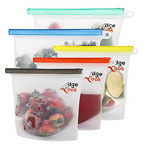 Edge Cook Reusable-Silicone-Food-Storage-Bags - Premium Airtight-Seal-Best-For-Food-Cooking and Preserving - 100% Leakproof, Eco-friendly, Dishwasher, Oven, Freezer Safe (Set of 5-2 Large+3 Medium)