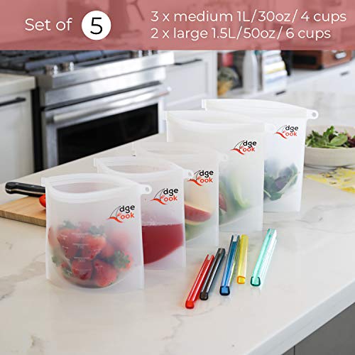 Edge Cook Reusable-Silicone-Food-Storage-Bags - Premium Airtight-Seal-Best-For-Food-Cooking and Preserving - 100% Leakproof, Eco-friendly, Dishwasher, Oven, Freezer Safe (Set of 5-2 Large+3 Medium)