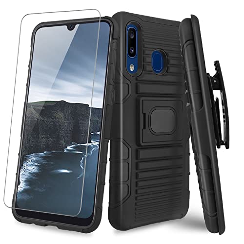 TJS Phone Case Compatible with Samsung Galaxy A20/Galaxy A30, [Tempered Glass Screen Protector] Belt Clip Holster Resistant Magnetic Support Hybrid Kickstand Heavy Duty Cover (Black)