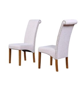 merax dining chair set of 2 fabric padded side chair with solid wood legs, nailed trim (light beige)