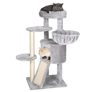 hey-brother cat tree with scratching board, cat tower with padded plush perch and cozy basket, multi-platform for jump, light gray mpj005w