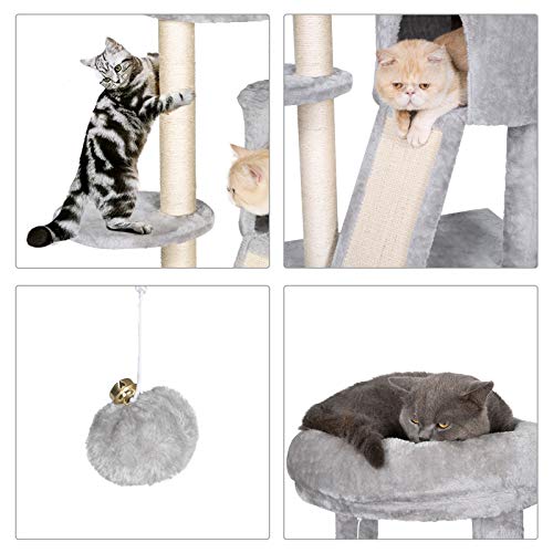 Hey-brother Cat Tree with Scratching Board, Cat Tower with Padded Plush Perch and Cozy Basket, Multi-Platform for Jump, Light Gray MPJ005W