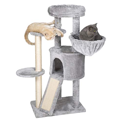 Hey-brother Cat Tree with Scratching Board, Cat Tower with Padded Plush Perch and Cozy Basket, Multi-Platform for Jump, Light Gray MPJ005W