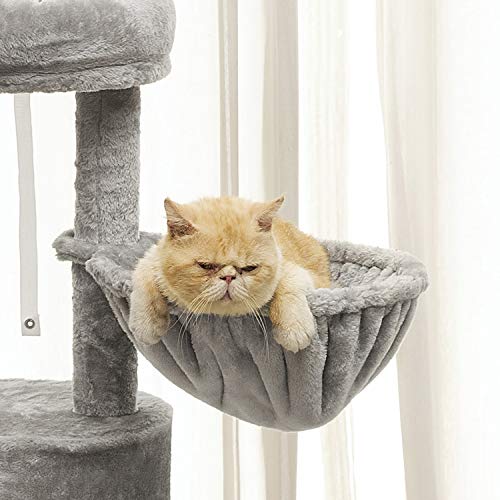 Hey-brother Cat Tree with Scratching Board, Cat Tower with Padded Plush Perch and Cozy Basket, Multi-Platform for Jump, Light Gray MPJ005W