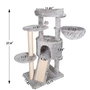 Hey-brother Cat Tree with Scratching Board, Cat Tower with Padded Plush Perch and Cozy Basket, Multi-Platform for Jump, Light Gray MPJ005W