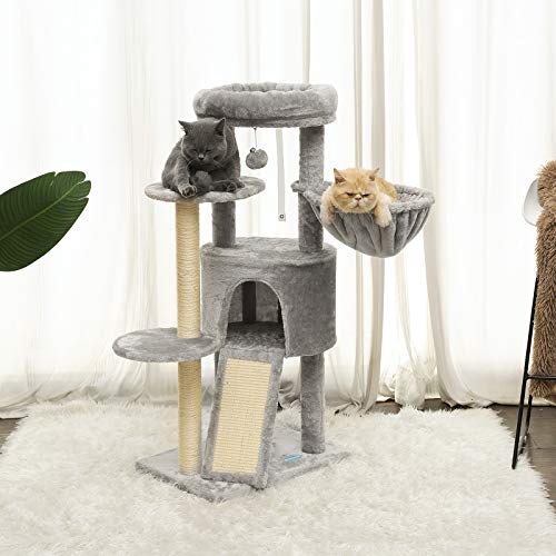 Hey-brother Cat Tree with Scratching Board, Cat Tower with Padded Plush Perch and Cozy Basket, Multi-Platform for Jump, Light Gray MPJ005W