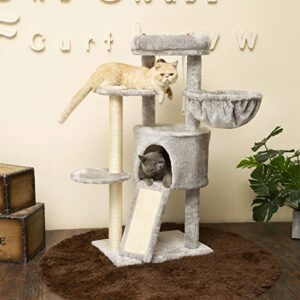 Hey-brother Cat Tree with Scratching Board, Cat Tower with Padded Plush Perch and Cozy Basket, Multi-Platform for Jump, Light Gray MPJ005W