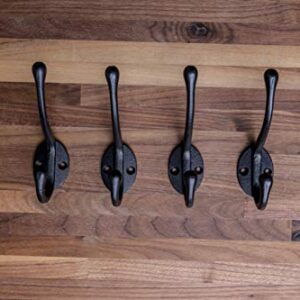 Craftsman Road Vintage Cast Iron Wall Hooks (Black Texture Finish, Set of 4) - Rustic, Farmhouse Coat Hooks | Great for Coats, Bags, Towels, Hats | Classic Slender