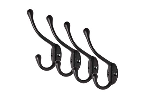 Craftsman Road Vintage Cast Iron Wall Hooks (Black Texture Finish, Set of 4) - Rustic, Farmhouse Coat Hooks | Great for Coats, Bags, Towels, Hats | Classic Slender