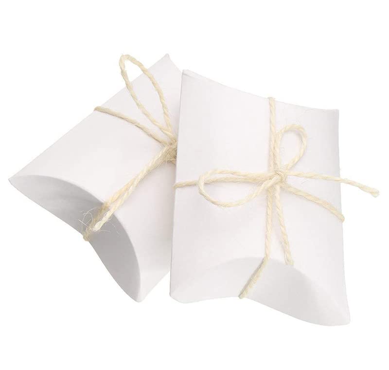 AKOAK Kraft Paper Pillow Box, Candy Favor Gift Boxes for Wedding Birthday and Christmas,Pack of 50 with 50 Pcs Jute Twines (White)