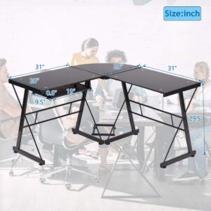 L Shaped Computer Desk Office Desk Gaming Writing Corner Desk Study PC Laptop Table Workstation with Keyboard Tray and CPU Stand Shelf for Home Office Large 3-Piece Modern Glass Computer Desk, Black