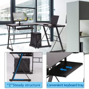 L Shaped Computer Desk Office Desk Gaming Writing Corner Desk Study PC Laptop Table Workstation with Keyboard Tray and CPU Stand Shelf for Home Office Large 3-Piece Modern Glass Computer Desk, Black