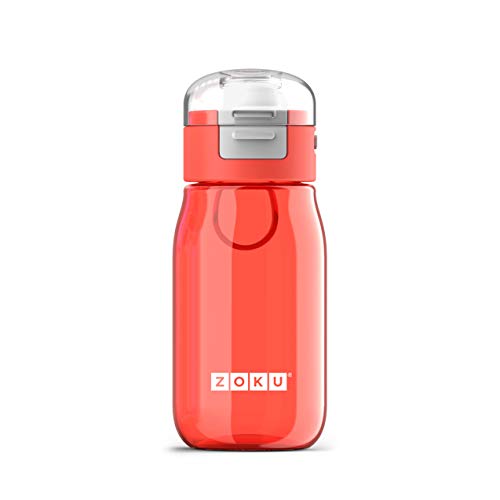 Zoku Kids Flip Gulp Bottle, 16 Ounce Lightweight Tritan Water Bottle with Leak-proof One-touch Locking Lid, Carry Loop, and Easy Flow Mouthpiece, Dishwasher Safe, Red