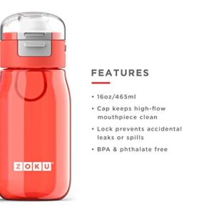 Zoku Kids Flip Gulp Bottle, 16 Ounce Lightweight Tritan Water Bottle with Leak-proof One-touch Locking Lid, Carry Loop, and Easy Flow Mouthpiece, Dishwasher Safe, Red