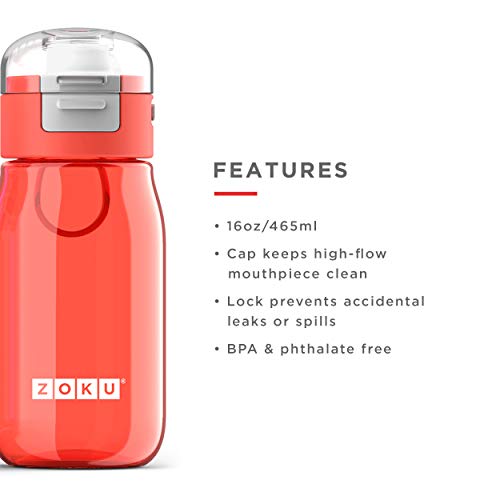 Zoku Kids Flip Gulp Bottle, 16 Ounce Lightweight Tritan Water Bottle with Leak-proof One-touch Locking Lid, Carry Loop, and Easy Flow Mouthpiece, Dishwasher Safe, Red