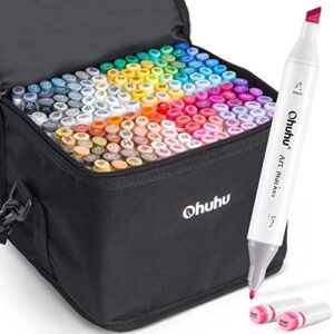 ohuhu dual alcohol art markers - double tipped alcohol-based marker set for kids adults coloring sketching illustration -160 colors + 1 alcohol markers blender - chisel & fine - oahu of ohuhu markers