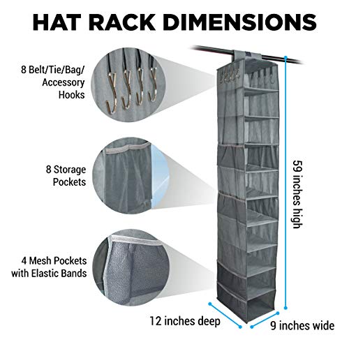 THE ULTIMATE HAT RACK 10 Shelf Hanging Closet Hat Organizer for Hat Storage - Keep Your Baseball Caps and Baseball Hats in Great Condition - Hat Holder & Baseball Cap Organizer w/Tie & Belt Side Hooks