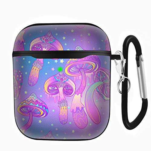 Slim Form Fitted Printing Pattern Cover Case with Carabiner Compatible with Airpods 1 and AirPods 2 / Psychedelic Hallucination Magic Mushrooms Pattern