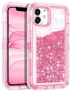 wollony for iphone 11 case glitter, heavy duty girly liquid bling quicksand 3 in 1 hybrid impact resistant shockproof hard bumper soft clear rubber protective cover for iphone 11 6.1inch pink