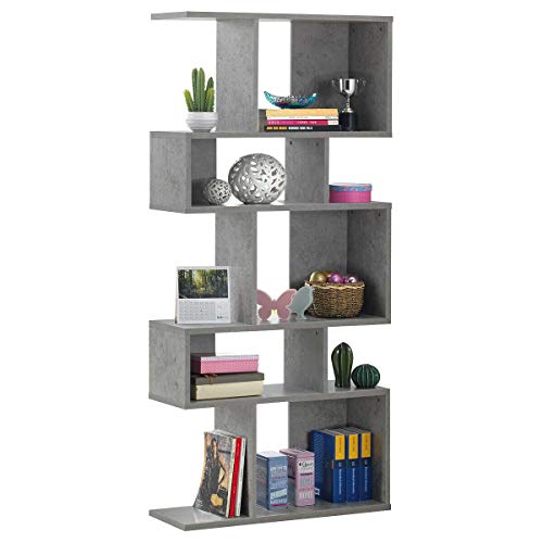 Giantex 5-Tier Geometric Bookshelf, 70'' Tall Wood Freestanding Decorative Display Open Shelves with Anti-Tipping Device, Each Shelf Holds up to 44 lbs, Wooden S Shaped Bookcase, Gray