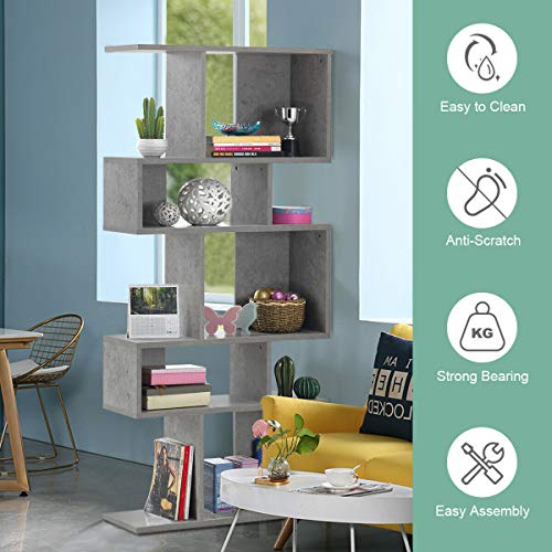 Giantex 5-Tier Geometric Bookshelf, 70'' Tall Wood Freestanding Decorative Display Open Shelves with Anti-Tipping Device, Each Shelf Holds up to 44 lbs, Wooden S Shaped Bookcase, Gray